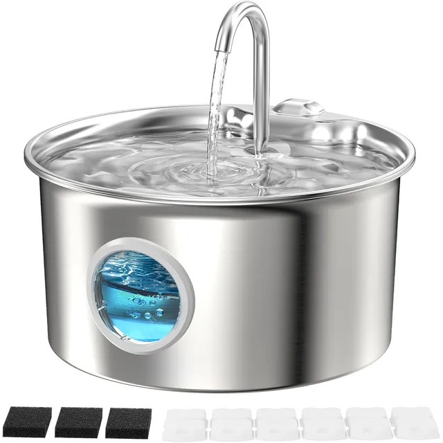 ATMZIQXR S18 Stainless Steel Cat Water Fountain 2.6 L – Fountain + 6 filters + 3 sponges