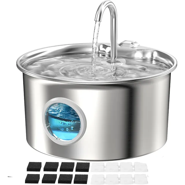 ATMZIQXR S18 Stainless Steel Cat Water Fountain 2.6 L – Fountain + 8 filters + 8 sponges